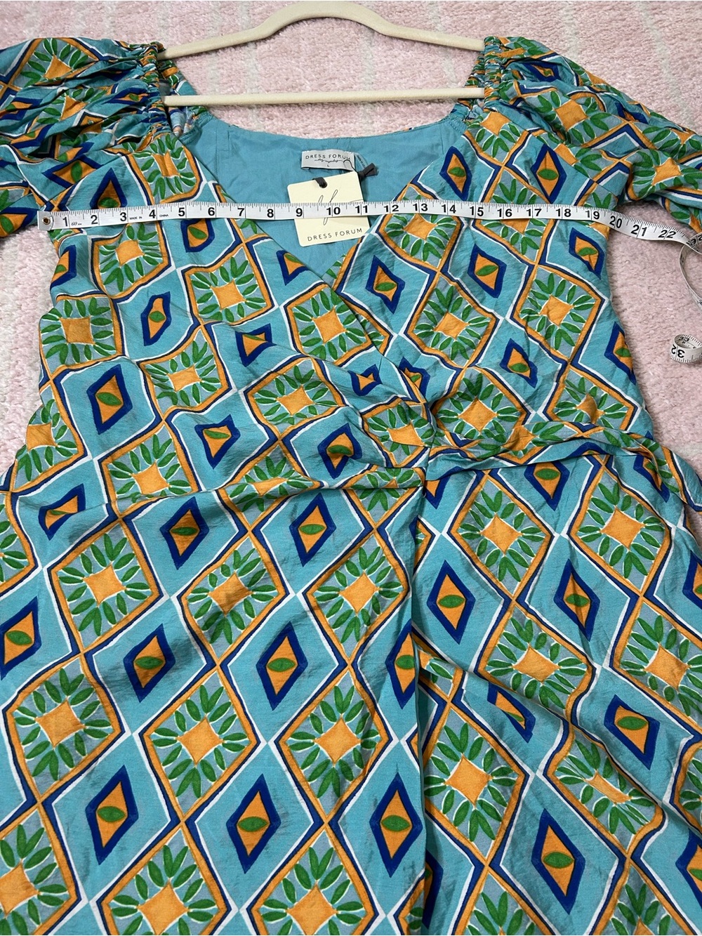 Dress Forum Aqua and Green Geometric Wrap Mini Dress Size Large NWT Vacation - Picture 9 of 14